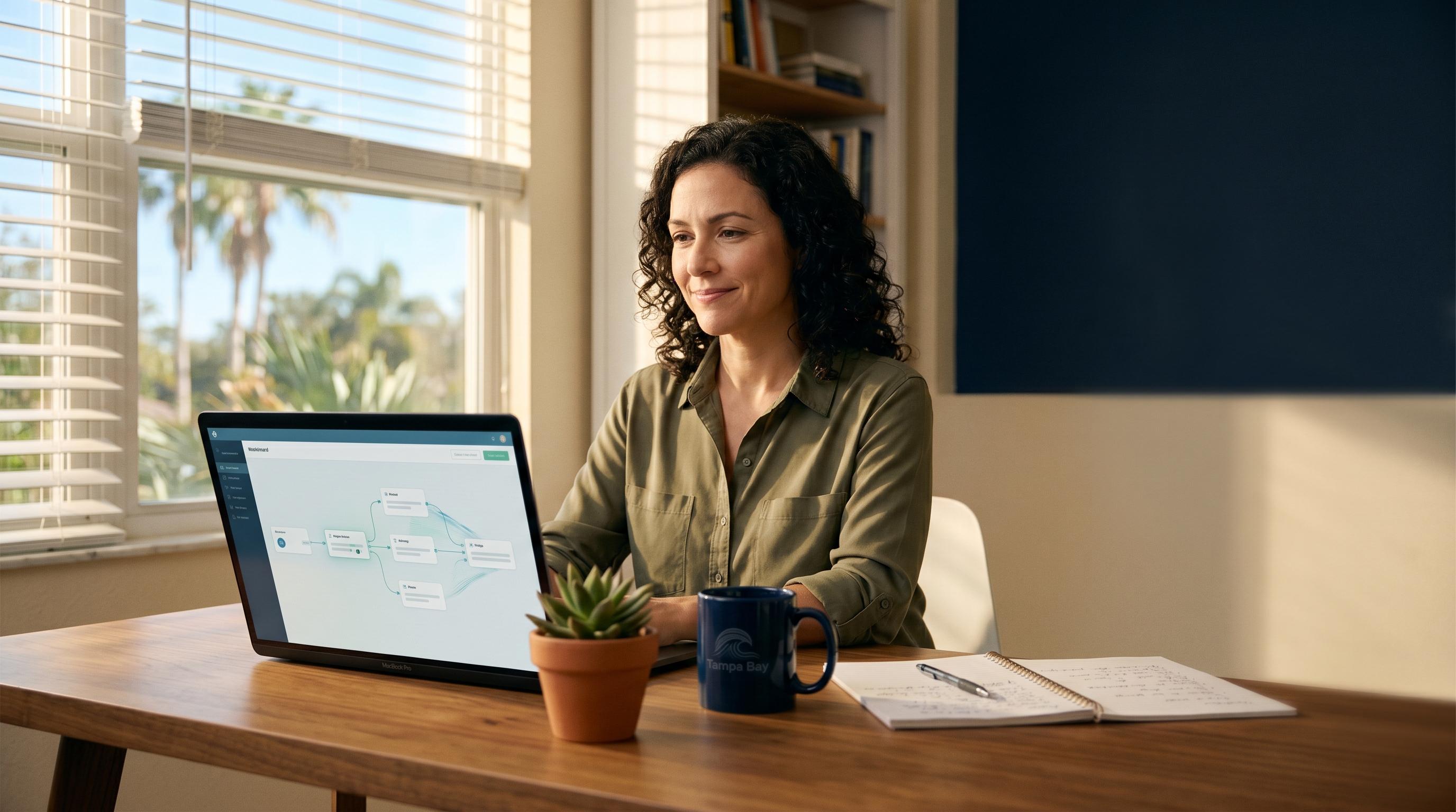A Tampa Bay business owner reviewing a custom AI automation dashboard on their laptop, warm morning light, plant and Tampa Bay mug on the desk